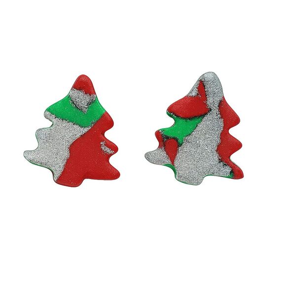 Handmade Polymer Clay Christmas Xmas Tree Stud Earrings Red Green Silver Glitter - Picture 1 of 14
